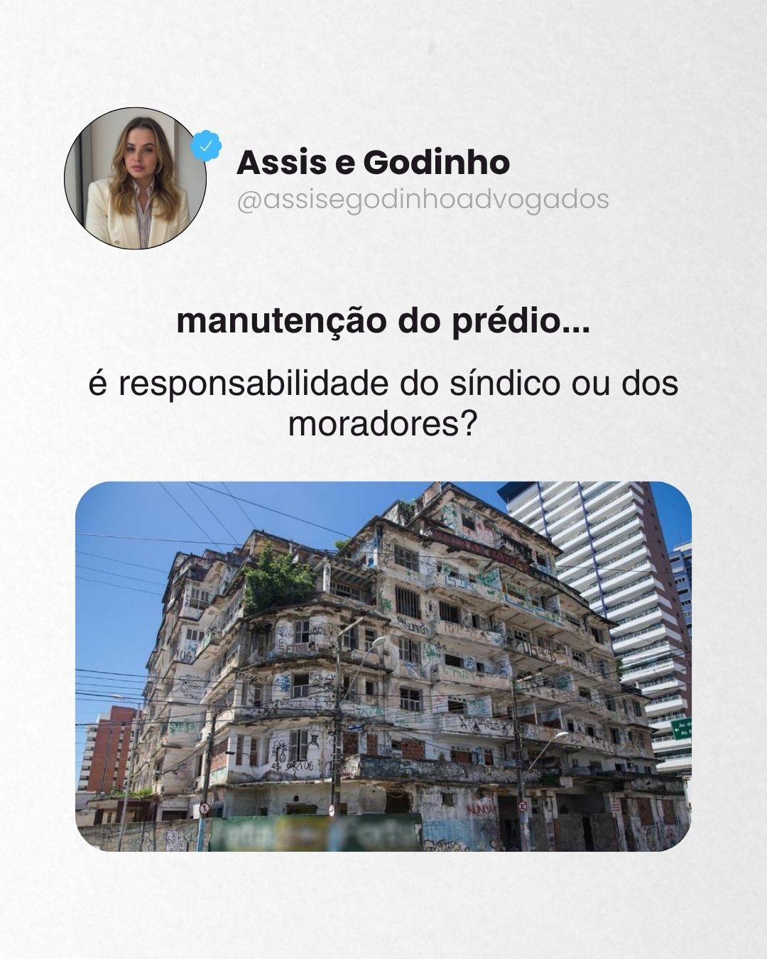 Quem é o responsável pela manutenção do condomínio? Síndico e moradores têm papéis importantes para garantir a segurança e a valorização desse patrimônio. Entenda as responsabilidades de cada um e evite problemas! Para um guia completo de manutenção, comente MANUAL e receba nosso PDF! #ManutençãoPredial #Síndico #Condomínio #AssisEGodinho